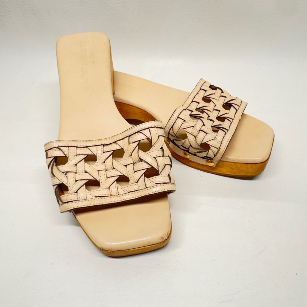 Tory Burch Woven Leather Slide Sandals Womens 6M Cream Wood Clog Boho Coastal